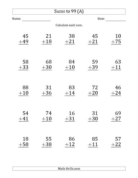 The Large Print - Adding 2-Digit Numbers with Sums up to 99 (25 Questions) (A) math worksheet from the Addition Worksheet page at Math-Drills.com. Addition Worksheets First Grade, Adding Worksheets, Easy Math Worksheets, 2 Digit Addition, Kindergarten Math Worksheets Addition, Math Fact Worksheets, Addition Worksheet, Touch Math, Kindergarten Addition Worksheets