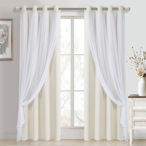 PRICES MAY VARY. PACKAGE INCLUDES: 2 double-layered panels,each measuring: 52"W x 84"L, with 8 silver Grommets (1.6" inner diameter) EXCLUSIVE DESIGN: Classic solid color drapes with a white sheer layer covered features a gorgeous and romantic look, which not only offer room darkening function，but also increases the sense of layering. PREMIUM MATERIAL: The blackout curtain is made of triple-woven fabric, which can block 75%-90% light (darker colors better), which allow you to have a private spac Blackout And Sheer Curtains, Satin Curtains, White Linen Curtains, Bay Window Curtains, Living Room Drapes, Bedroom Drapes, Window Sheers, Layered Curtains, Green Curtains