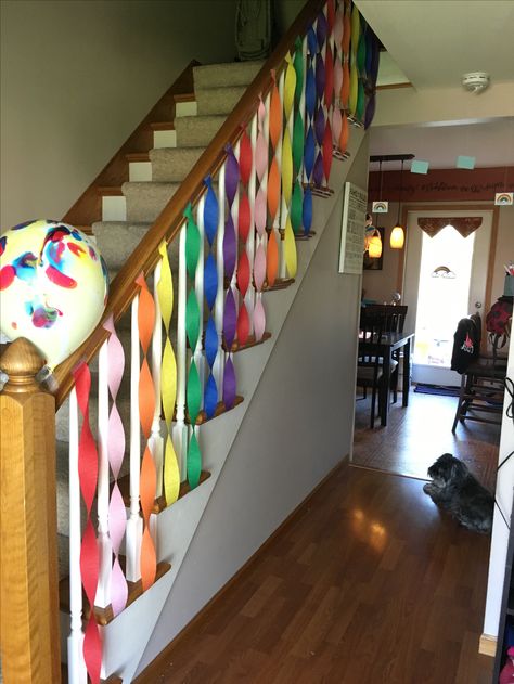 Rainbow stairs Birthday Party Staircase Decor, Stair Decorating Ideas For Party, Streamers On Stairs, Streamers In Doorway, Stairs Decoration Ideas For Party, Staircase Birthday Decorations, Birthday Stairs Decoration, Staircase Party Decor, Balloon Staircase Decor