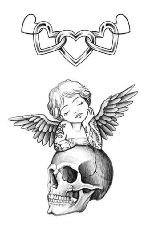 Cherub With Tattoos Tattoo, Shaded Angel Tattoo, Tatto Designs Women, Thigh Angel Tattoo, Cherub And Skull Tattoo, Tattooed Angel Tattoo, Angel Outline Tattoo Simple, Angel With Tattoos Tattoo, Cool Angel Tattoos