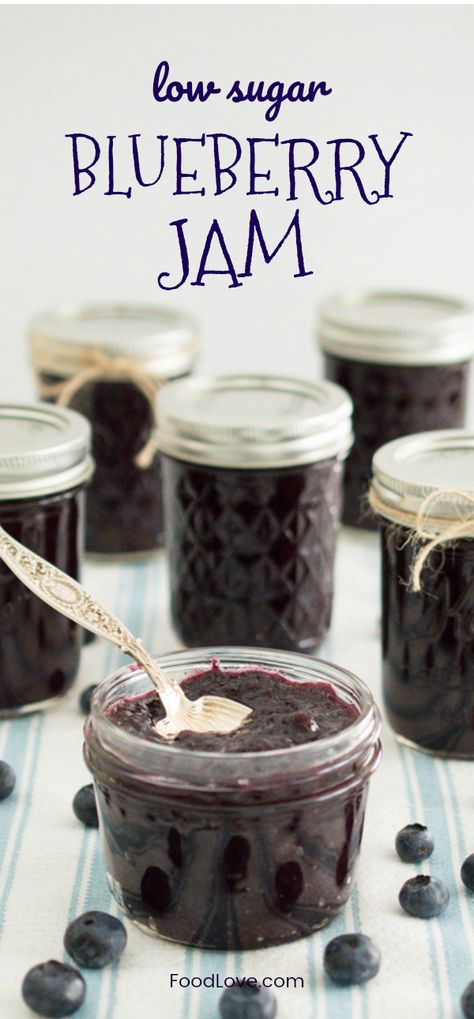 Low Sugar Blueberry Jam in Mason Jars Canning Blueberries No Sugar, Low Sugar Blueberry Jam Recipe, Canning Berries, Low Sugar Blueberry Jam, Jam Canning, Canning Jam Recipes, Low Sugar Jam, Blueberry Jam Recipe, Less Sugar