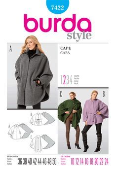 No Sew Cape, Cape Pattern Sewing, Poncho Coat Cape, Fleece Poncho, Burda Sewing Patterns, Cape Pattern, Burda Patterns, Jacket Pattern Sewing, Vogue Sewing