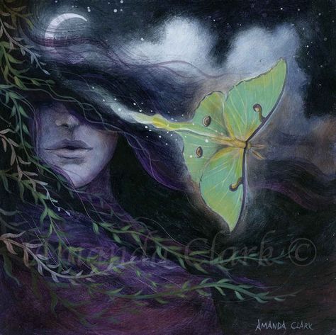 "A limited edition giclee art print of \"Moth Flight\", an original acrylic painting by Amanda Clark. Print size: 16cm x 16cm (6.3 x 6.3\"), on an A4 sheet (8.3 x 11.7 inches) with a white border for easy framing.  Printed using UltraChrome Pro10 archival inks on A4 275gsm Velvet Fine Art paper.  This print is titled, signed and numbered by the artist.  Limited edition of 100 Frame and mount/matt NOT included Hand embellished gold leaf details, with a choice of extra sparkle - tiny pieces of art Caroline Jamhour, Amanda Clark, Moth Art Print, Art Visionnaire, Moth Art, Woodland Art, Limited Edition Giclee, Fairytale Art, Goddess Art