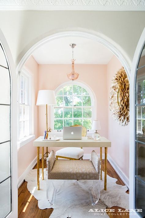 Blush can be a perfectly feminine, sophisticated neutral. Looking for the perfect blush paint? Here are some top blush paint colors to try. Pink Home Offices, Pink Home Office, Alice Lane Home, Pink Office, 카페 인테리어 디자인, Pink Home Decor, White French, French Doors Interior, Pink Room