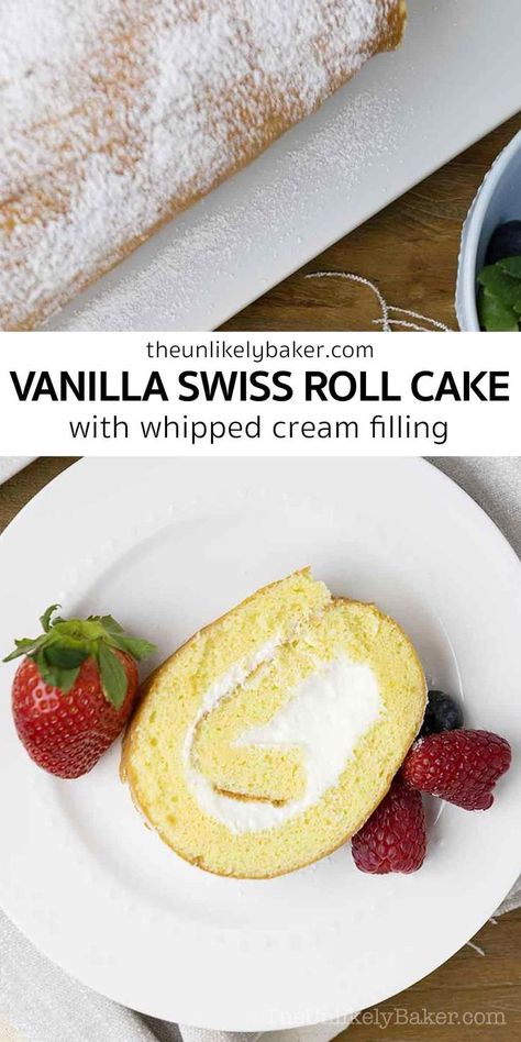 Roll Cake Recipe Vanilla, Vanilla Swiss Roll, Fluffy Sponge Cake, Sponge Cake Roll, Swiss Cake, Sponge Cake Filling, Cake Light, Swiss Roll Cake, Cake Rolls