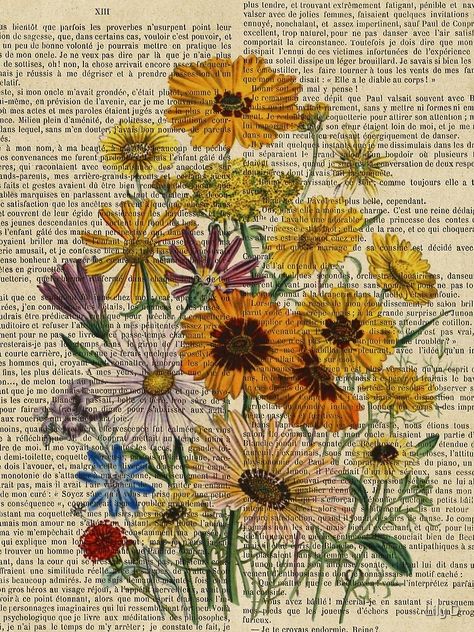 Botanical Journal Ideas, Vintage Flower Posters, Painting On Old Book Pages, Vintage Book Posters, Flowers On Book Pages, Painting In Books Pages, Cottagecore Graphics, Yellow Poster Aesthetic, Flower Poster Aesthetic