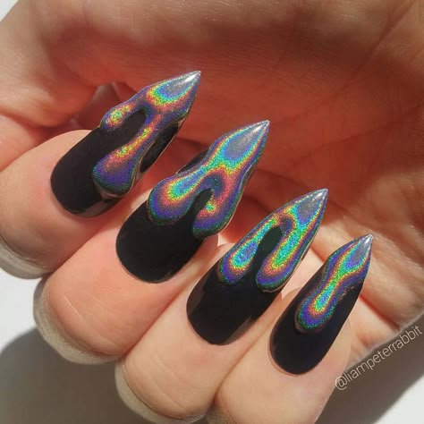 Holographic Drip Nails, Holographic Halloween Nails, Dripping Nails, Drippy Nails, Halloween Acrylic Nails, Drip Nails, Goth Nails, Awesome Nails, Creative Nail Designs