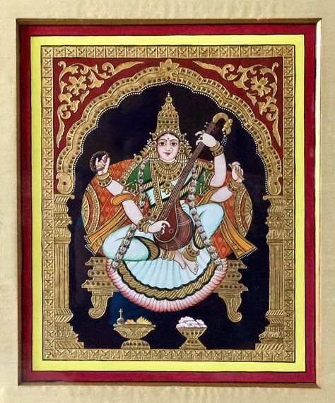 Mysore painting of Goddess Saraswathi. One of my very old paintings and probably the one that took the most amount of time. Traditionally Mysore paintings are very detailed and intricate, and the mediums used are water colors, gesso for the embossed effect and gold foil.  #mysorepainting #traditionalpainting #rupascolorbook Mysore Art Paintings, Foke Art, Painting Names, Painting Of Goddess, Outline Pictures, Mysore Painting, Indian Traditional Paintings, Buddhist Art Drawing, Tanjore Paintings