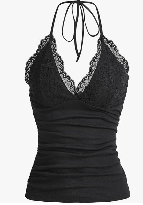 MakeMeChic Women's Halter Top Y2K Lace Ruched V Neck Halter Tank Tops Cami Top Top In Pizzo, Dirndl Outfit, Bandeau Tops, Womens Halter Tops, Rock Outfit, Halter Tank Top, Women Halter, Top Streetwear, Halter Neck Top