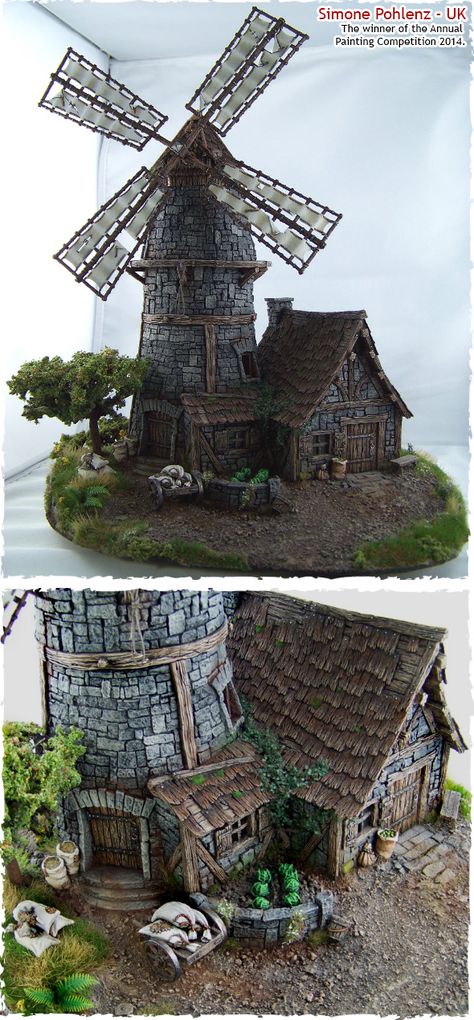 TELHAS DECORADAS Miniature Model Dioramas, Tabletop World, Castle Miniature, Small Diorama, Castle Village, Casa Fantasy, Village Buildings, Windmill House, Warhammer Terrain