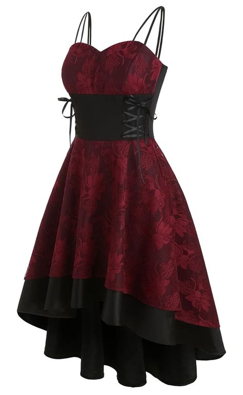 PRICES MAY VARY. High Quality Material - The vintage steampunk dress made of 65% Cotton and 35% Polyester, comfortable, breathable, elastic, durable,floral lace hollow stitching fabric, full of personality, fashion and elegance Spaghetti Strap Gothic Dress - Renaissance retro a-line dress, suspenders strap, adjustable waist lacing for a better fit, wrap v-neck, zipper closure, backless,swinging hem design,high low hem,waist-cinching design to show your figure curves and Elegance Gorgeous Asymmet Gothic Prom Dress, Style Année 60, Steampunk Dress, Robes Vintage, Spaghetti Strap Prom Dress, Cocktail Dress Vintage, Womens Prom Dresses, Date Dresses, Hem Design