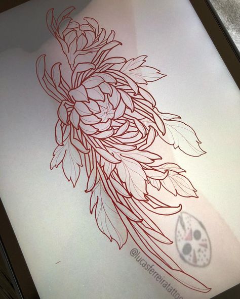 Flower power 🌸 Crisantemo Tattoo, Dragon Koi Tattoo Design, Japanese Leg Tattoo, Japanese Flower Tattoo, Chrysanthemum Tattoo, Peonies Tattoo, Japanese Sleeve Tattoos, Botanical Tattoo, Floral Tattoo Design