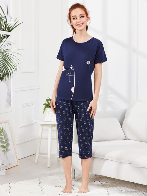 Animal Print Tee & Pants PJ Set | SHEIN Animal Graphic Tee, Sleepwear Fashion, Cute Sleepwear, Animal Graphic, Navy Fashion, Pajama Set Women, Print Tee, Pajama Sets, Pj Sets