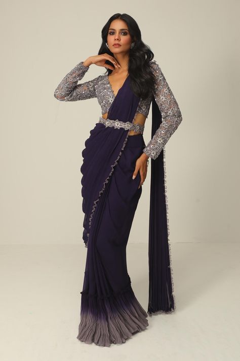 Shop for these amazing collections of Purple Organza Embroidery Cutdana Ombre Pre-draped Saree With Blouse For Women by Rishi and Soujit online at Aza Fashions. Beaded Saree Blouse, Glam Saree, Ombre Saree, Full Sleeves Blouse Designs, Chic Prom Dresses, Saree With Belt, Saree Wearing Styles, Draped Saree, Saree Draping Styles