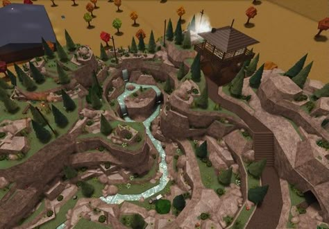 Bloxburg Woodland Mansion, Bloxburg House Landscaping, Bloxburg Cave Ideas, Mountains Bloxburg, Bloxburg Landscaping Ideas, Bloxburg Terrain, Bloxburg Wine Cellar, Bloxburg River, Bloxburg Forest House