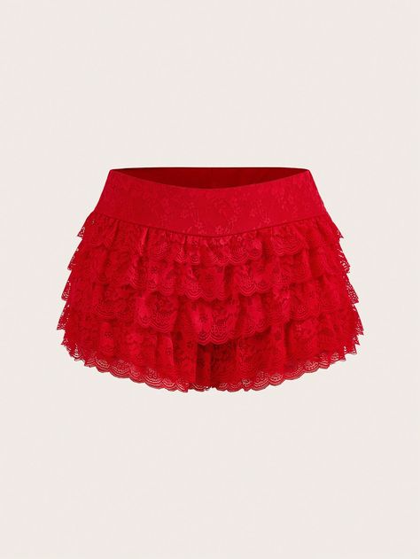 Plus Size Summer Fashionable Solid Color Multi-Layer Lace Ruffle Hem Shorts Red Casual   Knitted Fabric Plain Skinny High Stretch  Women Plus Clothing, size features are:Bust: ,Length: ,Sleeve Length: Red Ruffle Mini Skirt, Red Ruffle Shorts, Coquette Shorts, Outfits Extra, Red Leather Mini Skirt, Red Lace Skirt, Icon Y2k, Rave Festival Outfits, Estilo Y2k