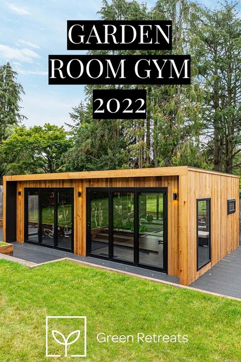 Backyard Workout Shed, Gym Backyard Ideas, Outside Room Ideas Backyards, Summer House Gym, Gym Addition To House, Outdoor Home Gym Shed, Gym Shed With Sauna, Garden Gym And Sauna, Tiny House Gym