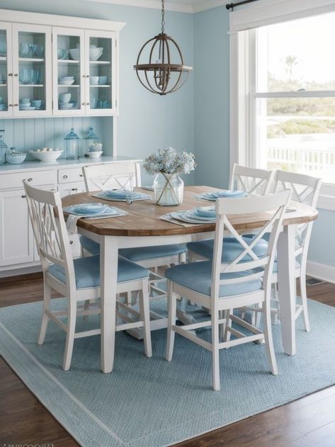 Light Blue Chairs Dining, Coastal Cottage Dining Room, Beachy Dining Room Ideas, Dining Room Decor White, Light Blue Dining Room, Blue Dining Room Ideas, Coastal Dining Room Table, White Dining Room Ideas, Coastal Dining Room Ideas