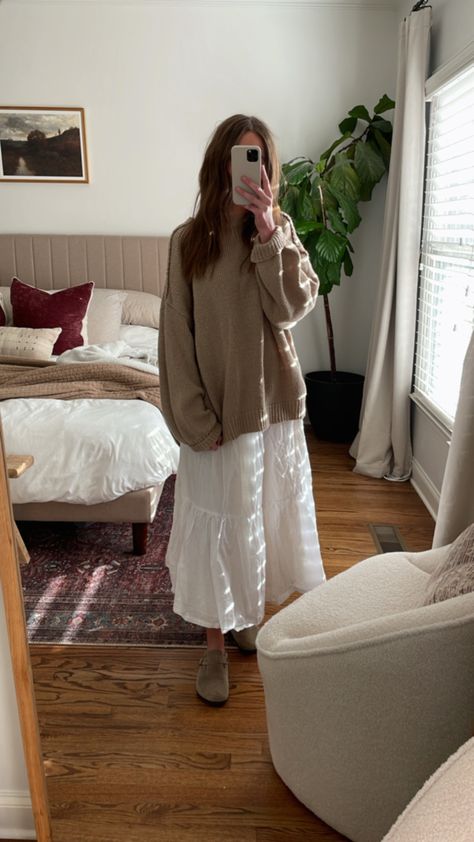 French Country Style Outfit, Sweater With Flowy Skirt, Maxi Skirt Cottagecore, Styling Dresses For Fall, White Dress Outfit Fall, Feminine Cozy Outfit, Fall Outfit White Skirt, Cottagecore Hiking Outfit, Dressember Outfits