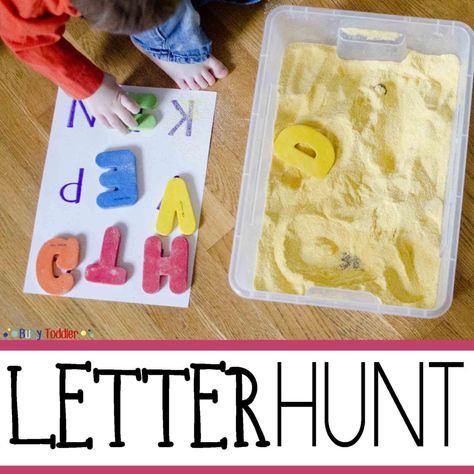 LETTER HUNT: A simple sensory and literacy activity for toddlers and preschoolers; introducing the alphabet; an easy indoor activity Letter Hunt, Easy Indoor Activities, Toddler Math, Science For Toddlers, Easy Toddler Activities, Letter Activities, Easy Activities, Skills Activities, Busy Toddler