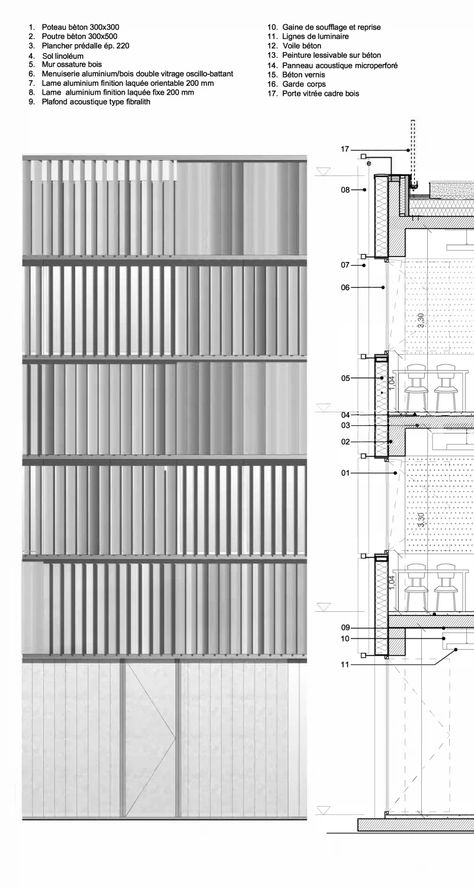 CoCo architecture, Jean de Giacinto Composite, Edouard Decam · A new college in a French village · Divisare Architecture Facade Material, Facade Section Architecture, Structure Architecture Drawing, Material Board Architecture, Shading Architecture, Architecture Kindergarten, Facade Drawing, French Village, Facade Material