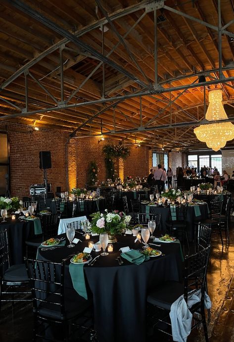 Wedding Colors Black And Green, Black Gold And Forest Green Wedding, Green And Black Wedding Table Decor, Black And Green Theme Party, Black Forest Green Wedding, Black And Emerald Wedding Decorations, Black Forest Wedding Theme, Emerald Black And Silver Wedding, Black And Green Themed Wedding