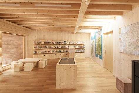 Gallery of Plainfaing Tourist Office (88) / Studiolada - 6 Tourist Office Design, Tourism Office Design, Indoor Trellis, Larch Cladding, Tourist Office, Office Designs, Stone Architecture, Different Types Of Wood, Paving Stones