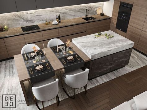 Kitchen Island Dining Table, Interior Dapur, Spacious Kitchens, Kitchen Room Design, Kitchen Inspiration Design, Kitchen Furniture Design, Counter Tops, Minimalist Kitchen, Kitchen Layout