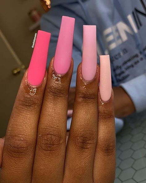 Shades Of Pink Nails, Pink Nails Acrylic, Matte Acrylic Nails, Matte Pink Nails, Hot Pink Nails, Drip Nails, Exotic Nails, Bling Acrylic Nails, Summer Acrylic Nails