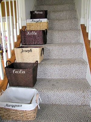 Stair baskets to organize clutter - at end of day they have to put everything in their basket away or else it's taken ransom! Stairs Basket, Stair Baskets, Stairs Organization, Organize Clutter, Stair Basket, Just Another Day In Paradise, Making Baskets, Another Day In Paradise, Clutter Organization