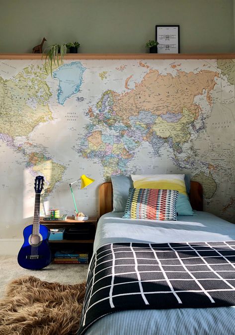 Explorer Bedroom, Map Bedroom, Boys Bedroom Wallpaper, Room Lights Decor, World Map Mural, Map Wall Mural, Big Boy Bedrooms, Map Murals, World Map Wallpaper