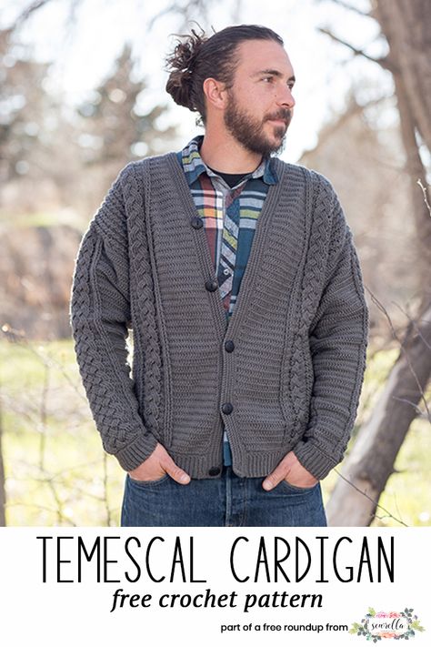 Get the free crochet pattern for this Crochet Temescal Cardigan Sweater from Interweave featured in my husband-approved crochet sweaters for men FREE pattern roundup! Mens Crochet Beanie, Crochet Cable Stitch, Crochet Beanie Pattern Free, Crochet Cardigan Free, Crochet Men, Black Crochet Dress, Crochet Sweater Pattern Free, Irish Crochet Dress, Mom Ideas