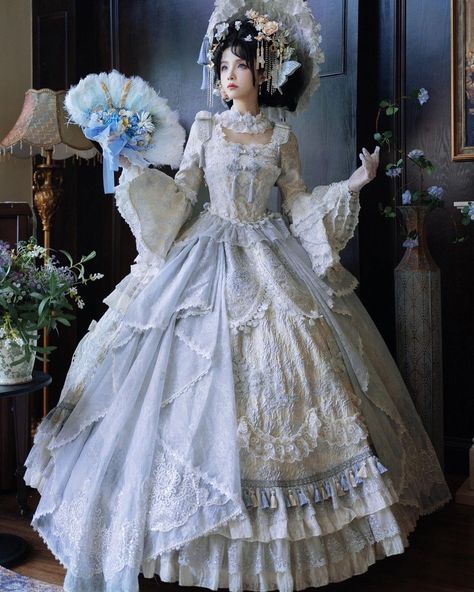 💙✨Gorgeous Princess Lolita dress with delicate sequins and tassel details. 🛍️👀Ideal for tea parties, conventions, photoshoots, or any event where you want to make a lasting impression. 🛒👉Search 'H-Q-027' on devilinspired.com #devilinspired #gorgeous #princessdress #princessgirl #himelolita #lolitacoord #lolitafashionstyle Old Princess Dresses, Princess Outfits Royal, Majestic Outfits, Victorian Dress Gown, Victorian Gown, One Piece Full, Muslimah Wedding Dress, Tea Party Bridal, Rococo Fashion