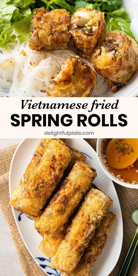 a plate of Vietnamese fried spring rolls Vietnamese Fried Spring Rolls, Authentic Asian Dishes, Easy Vietnamese Recipes, Pork Spring Rolls, Spring Roll Sauce, Rice Paper Wraps, Fried Spring Rolls, Vietnamese Spring Rolls, Fresh Spring Rolls