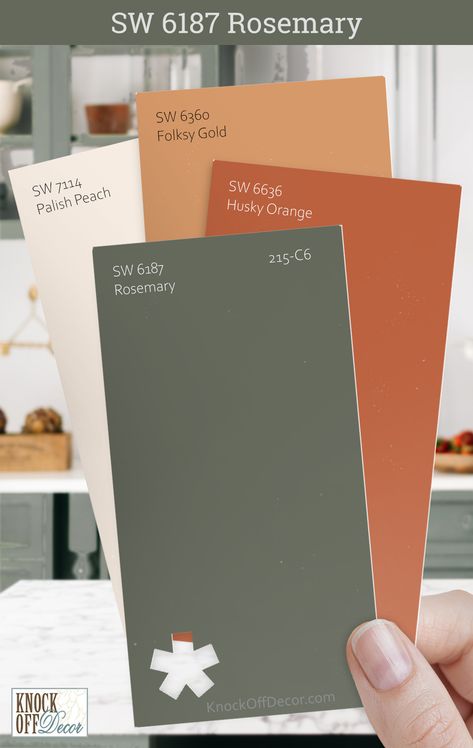 I've reveled in the task of pairing Sherwin-Williams Rosemary with colors that echo its lush vibrancy. It's about creating a symphony of shades that sing in unison like here with SW Husky Orange, Folksy Gold, and Palish Peach. Click to view my other top coordinating color palettes in my full review. Bedroom Paint Colors Orange, Colorful Home Paint Palette, Rosemary Sherwin Williams Color Schemes, Earthen Jug Sherwin Williams, Rosemary Color Palette, Spiced Cider Sherwin Williams, Sherwin Williams Orange, Orange And Green Room, Home Color Combinations