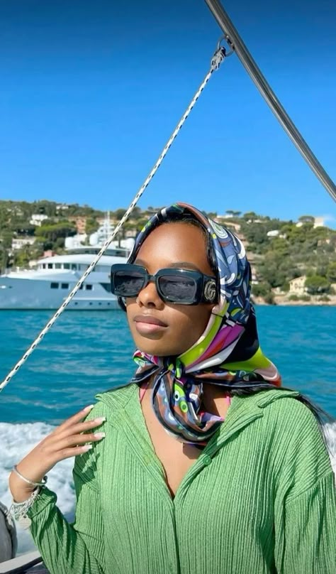 Head Scarf Outfit, Black Woman Luxury Aesthetic, Yacht Outfit, Silk Scarf Outfit, Scarf Aesthetic, Luxury Silk Scarves, Silk Scarf Style, Sunglasses Outfit, Classy Winter Outfits