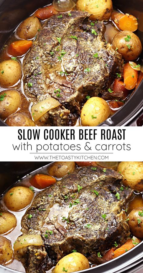 Slow Cooker Beef Roast with Potatoes and Carrots recipe - by The Toasty Kitchen #beefroast #slowcooker #crockpot #beefroastwithpotatoesandcarrots #potatoes #carrots #beef #tenderbeefroast #dinner #dinnerideas #dinnerrecipe #recipe #homemade Slow Cooker Beef Roast, Roast With Potatoes And Carrots, Crockpot Recipes Vegetarian, Carrots Slow Cooker, Roast Beef Crock Pot Recipes, Beef Roast Crock Pot, Slow Cooker Pot Roast Recipes, Crockpot Roast Recipes, Slow Cooker Pork Roast