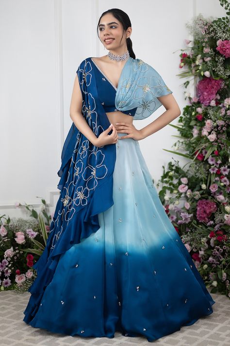 Shop for these amazing collections of Blue Cape And Lehenga Organza Satin Embroidery Floral V Neck Ombre & Set For Women by KIRAN KALSI online at Aza Fashions. Reka Bentuk Blaus, Floral Cape, Satin Embroidery, Trendy Outfits Indian, Blue Cape, Wedding Lehenga Designs, Lehenga Designs Simple, Fashionable Saree Blouse Designs, Fancy Dresses Long