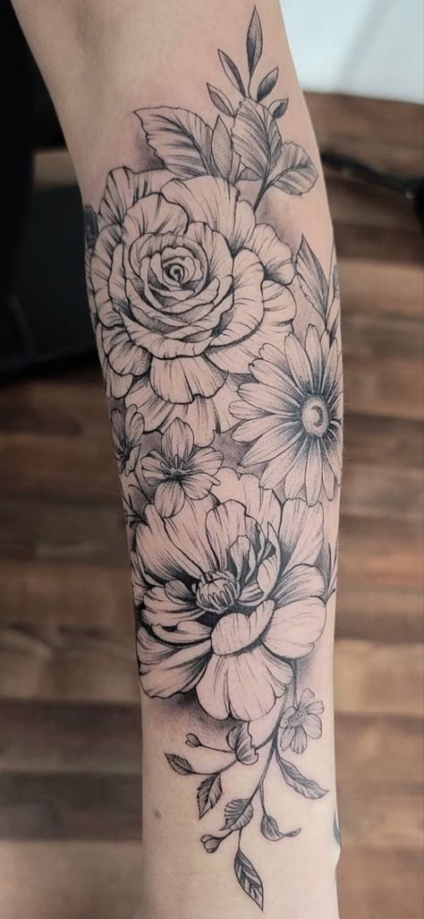 Carnation Flower Tattoo Half Sleeves, Flower Tattoo Shading Black And White, Black And Gray Flower Tattoo Sleeve, Daisy And Peony Tattoo, Summer Flowers Tattoo, Multiple Flowers Tattoo, Women Floral Sleeve Tattoo, Garden Flower Tattoo, Black And White Tattoos With Color Pop