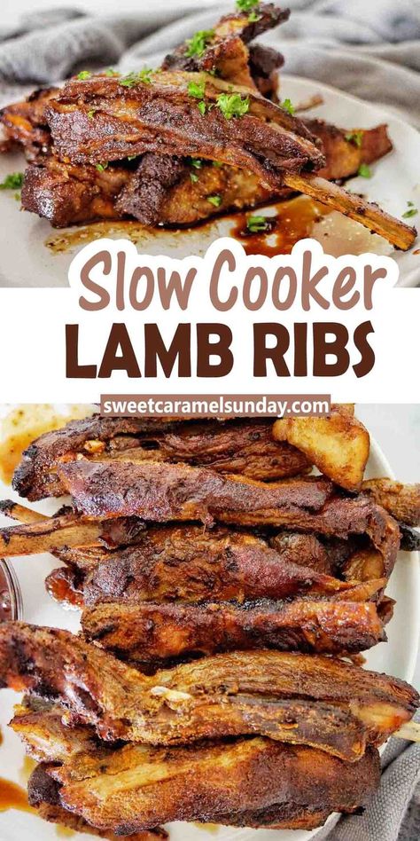 Slow Cooker Lamb Ribs on white plate with chopped parsley and a drizzle of sauce. Lamb Ribs Air Fryer, Slow Cooked Lamb Ribs, Lamb Rib Recipes, Rib Steak Recipe Crockpot, Goat Ribs Recipe, Lamb Ribs Recipe Slow Cooker, Lamb Ribs Recipe Ovens, Lamb Spare Ribs Recipe, Lamb Riblets Recipe