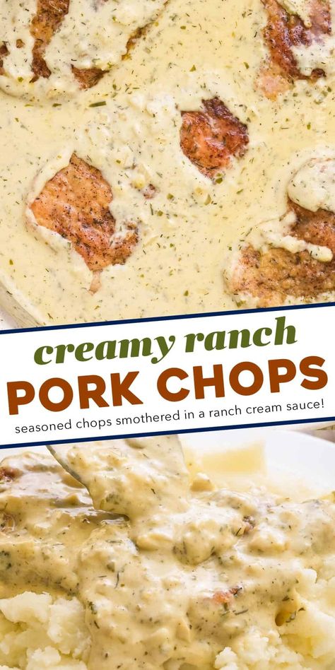 Juicy and tender pork chops are seared, then smothered in a gloriously creamy and insanely flavorful garlic ranch sauce! Perfect over mashed potatoes or rice, this one pan dinner is ready in about 30 minutes and sure to "wow" the entire family! Bone In Smothered Pork Chops, Pork Chop Recipes Cream Of Chicken, Ranch Style Pork Chops, Freezer Pork Chops, Pork Chop And Gravy Recipes, No Peek Pork Chops And Rice, Boneless Pork Chop Recipes Stove Top, Baked Smothered Pork Chops In Oven, Meals With Pork Chops