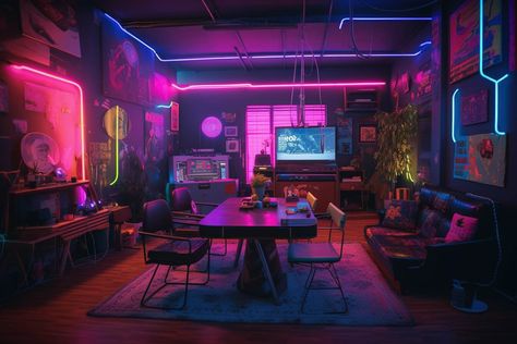 Cyberpunk Apartment Interior Design, Cyberpunk Home Decor, Cyberpunk Warehouse, Cyberpunk Bathroom, Cyberpunk House Interior, Cyberpunk Aesthetic Room, Neon Steampunk, Cyberpunk Room Interiors, Cyberpunk Room Ideas