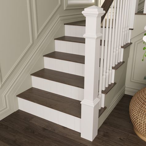 White Stair Risers, Stair Way, Stairs Makeover Design, Stair Railing Makeover, Farmhouse Stairs, Stairs Renovation, White Stairs, Stair Makeover, Staircase Railing Design