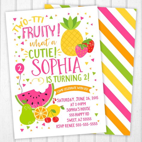 "Thank you for visiting Princess Snap!  It's a party!  Invite your friends and family to celebrate with this Tutti-fruity Birthday Party Invitation also includes a pattern back as well. ♥ IMPORTANT ♥ This is for the digital file only. Available in a 5\"x7\" or 4\"x6\" size To Order:   1.  Purchase the Listing 2.  Send me your party information: Child's Name: Child's Age: Event Date and Time: Event Location: RSVP Information: Size:  4\"x6\" or 5\"x7\" I will email you your personalized files! Cur Twotti Fruity Party, Fruity Party, Twotti Fruity, Fruit Birthday, Summer Party Invitations, Date And Time, Tutti Frutti, Tropical Fruit, Party Invite