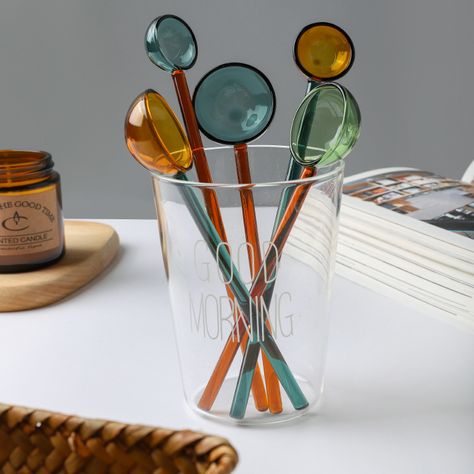 Colorful Glass Coffee Scoops High Temperature Resistance Cute Creative Coffee Spoons Dessert Scoops Garden Home Office, Glass Spoon, Milk Dessert, Milk Color, Round Kitchen, Creative Coffee, Coffee Scoop, Coffee Dessert, Heat Resistant Glass