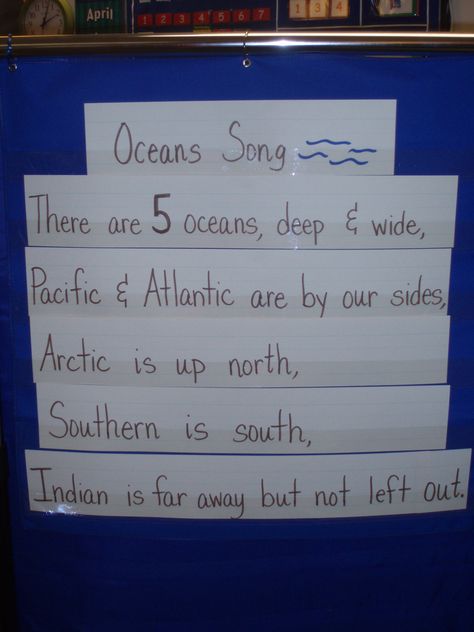 Oceans Song (sing to the tune of "I'm a Little Teapot")  I like that it is up to date with all 5 oceans and old school with only 4... 1st Grade Continents And Oceans, Continent And Oceans Activities, Continents And Oceans Project, Continents Song, Ocean Lesson Plans, Oceans Song, Ocean Theme Preschool, Third Grade Social Studies, Montessori Geography