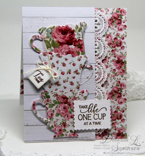 One Cup at a Time card by Deborah Saaranen Teapot Cards, Teacup Cards, Tea Cup Card, Ribbon Store, Coffee Cards, Color Coffee, Creative Cards, Mothers Day Cards, Stamping Up