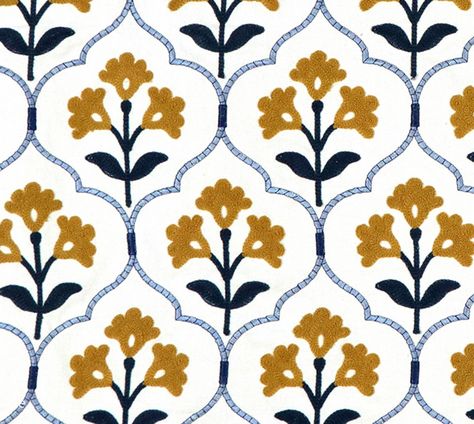 Each yard costs less as you order more.  Yardage ships free every day. This unique art deco fabric features crewel tulips and raised ogee fretwork embroidery. Its medium scale and soft white background make it an easy coordinate. Fabric: width: 50" (usable pattern) Fiber base fabric: 100% cotton Embroidery: 72% cotton, 23% acrylic, 5% viscose Ogee Pattern, Art Deco Fabric, Cozy Room Decor, American Traditional Tattoo, Cotton Embroidery, American Traditional, Nashville Tn, Beautiful Tattoos, Home Decorating