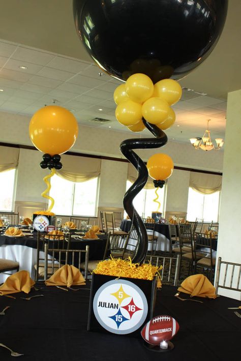 Photo Cube Centerpieces · Party & Event Decor · Balloon Artistry Steeler Party Ideas, Steelers Centerpieces, Steelers Birthday Party Ideas, Centerpiece For Football Banquet, Pittsburgh Steelers Birthday Party, Steelers Party Decorations, Football Cheer Banquet Centerpieces, Football Helmet Table Centerpiece, Football Centerpiece Vase