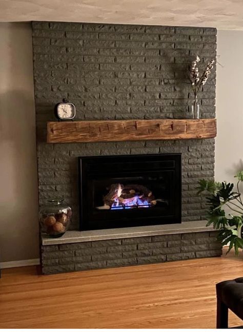 Dark Red Brick Fireplace, Dark Brick Fireplace Makeover, Wall Lights Living Room Farmhouse, Painted Fireplace Brick Black, Dark Painted Fireplace Brick, Washed Fireplace Brick, Charcoal Fireplace Brick, Dark Gray Fireplace Brick, Dark Painted Brick Fireplace